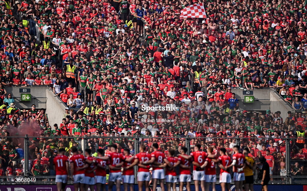 11 July 2026; Louth players and supporters in Hill 16 stand for Amhrán na bhFiann before the GAA Football All-Ireland Senior Championship semi-final match between Mayo and Louth at Croke Park in Dublin. Photo by Ben McShane/Sportsfile