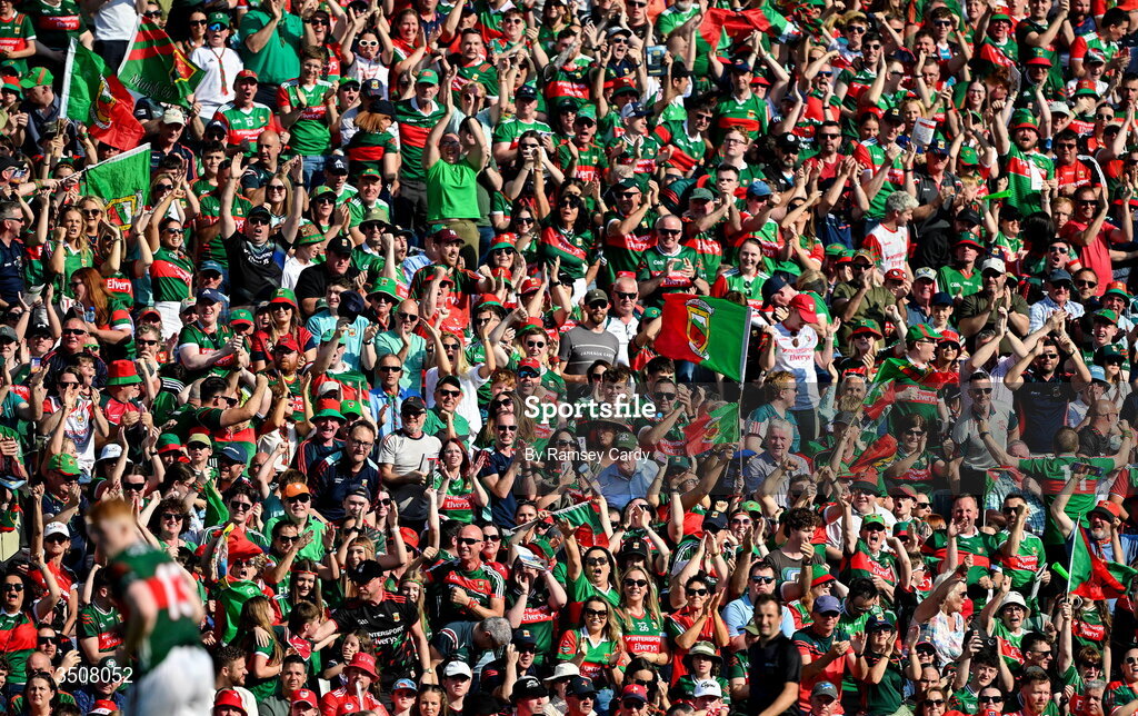 11 July 2026; Mayo supporters celebrate their side's first goal, scored by Ryan O'Donoghue, during the GAA Football All-Ireland Senior Championship semi-final match between Mayo and Louth at Croke Park in Dublin. Photo by Ramsey Cardy/Sportsfile