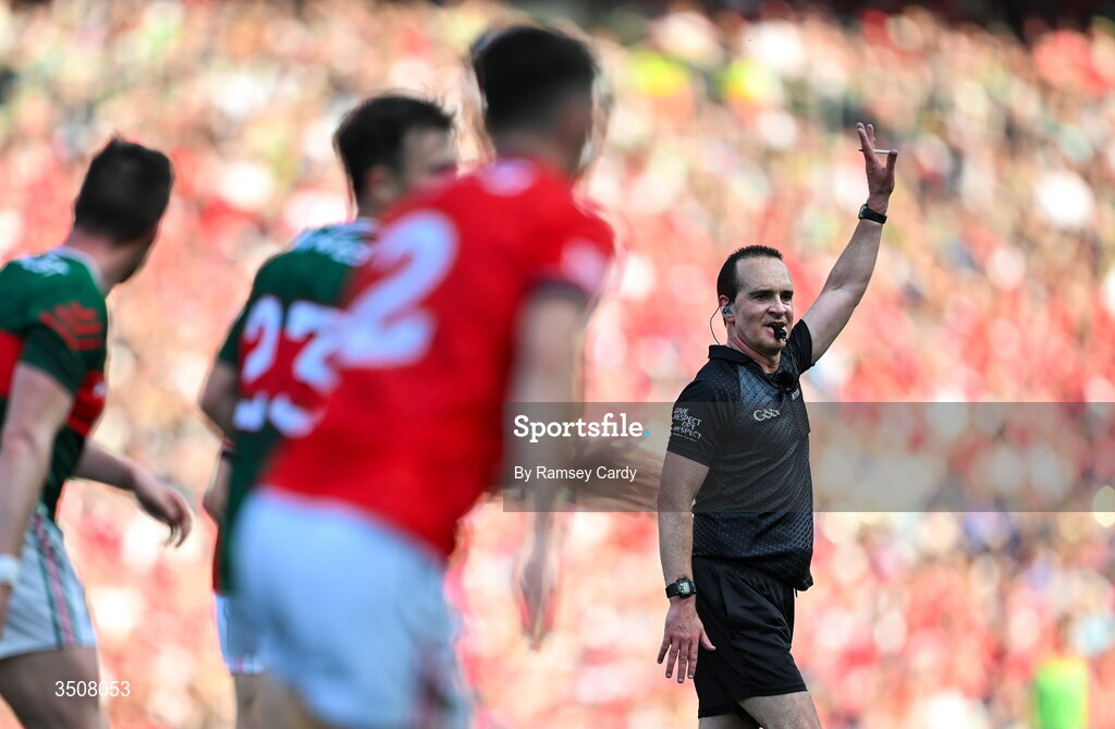 11 July 2026; Referee David Coldrick during the GAA Football All-Ireland Senior Championship semi-final match between Mayo and Louth at Croke Park in Dublin. Photo by Ramsey Cardy/Sportsfile
