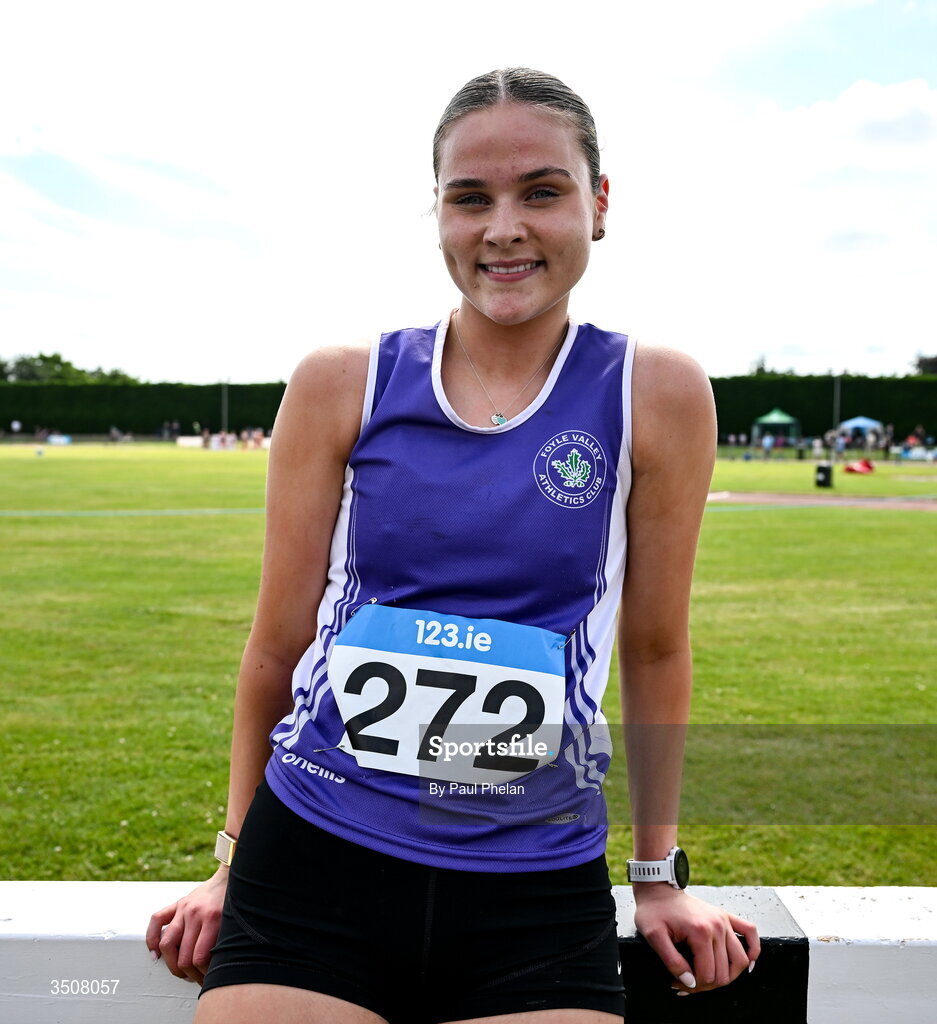 11 July 2026; Clara Casey wins the U19 girl's 1500m during day three of the 123.ie National Championships at Tullamore Harriers Athletics Club in Tullamore, Offaly. Photo by Paul Phelan/Sportsfile