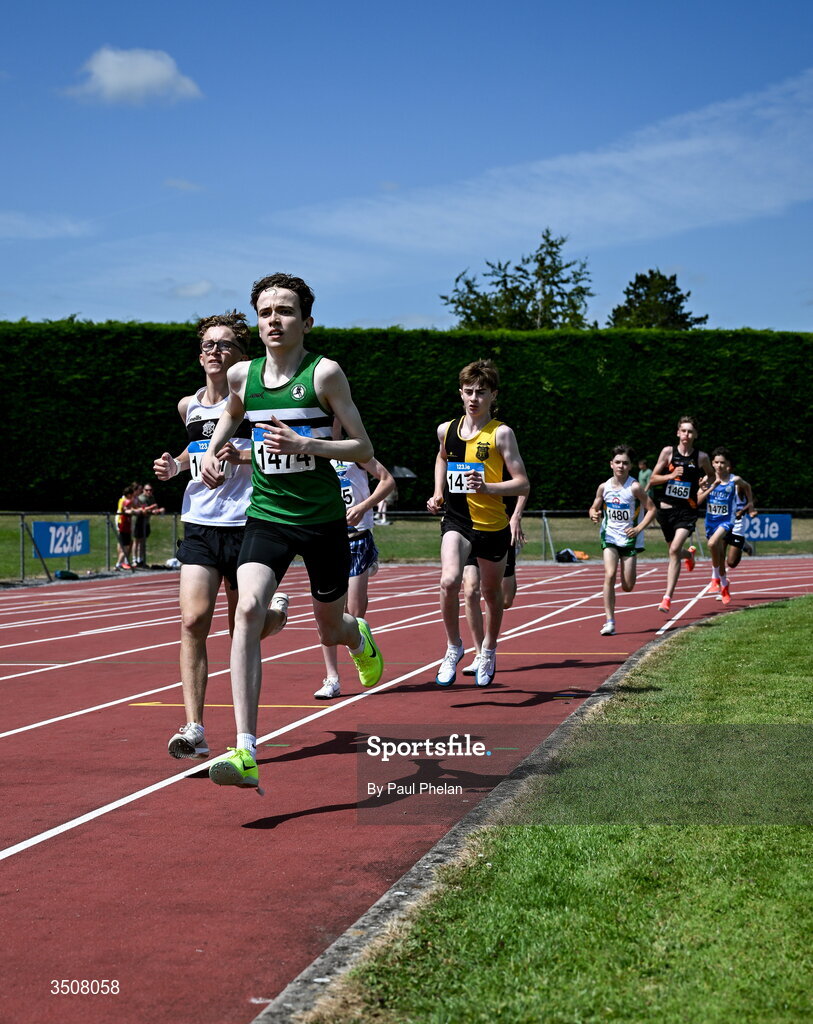11 July 2026; The U15 boy's 1500m during day three of the 123.ie National Championships at Tullamore Harriers Athletics Club in Tullamore, Offaly. Photo by Paul Phelan/Sportsfile