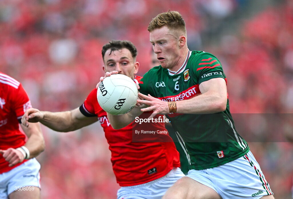 11 July 2026; David McBrien of Mayo in action against Sam Mulroy of Louth during the GAA Football All-Ireland Senior Championship semi-final match between Mayo and Louth at Croke Park in Dublin. Photo by Ramsey Cardy/Sportsfile