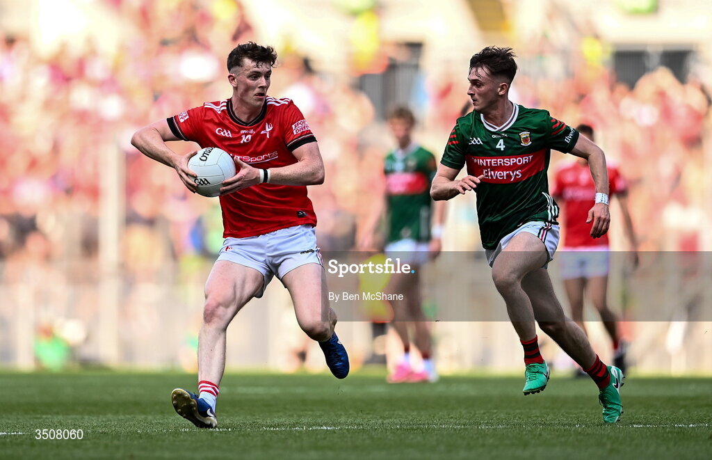 11 July 2026; James Maguire of Louth in action against Eoin McGreal of Mayo during the GAA Football All-Ireland Senior Championship semi-final match between Mayo and Louth at Croke Park in Dublin. Photo by Ben McShane/Sportsfile