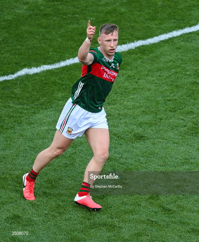 11 July 2026; Ryan O'Donoghue of Mayo celebrates kicking a two pointer during the GAA Football All-Ireland Senior Championship semi-final match between Mayo and Louth at Croke Park in Dublin. Photo by Stephen McCarthy/Sportsfile