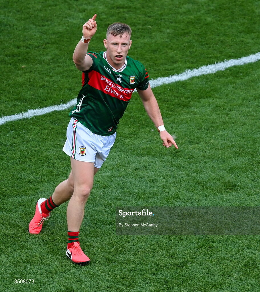 11 July 2026; Ryan O'Donoghue of Mayo celebrates kicking a two pointer during the GAA Football All-Ireland Senior Championship semi-final match between Mayo and Louth at Croke Park in Dublin. Photo by Stephen McCarthy/Sportsfile