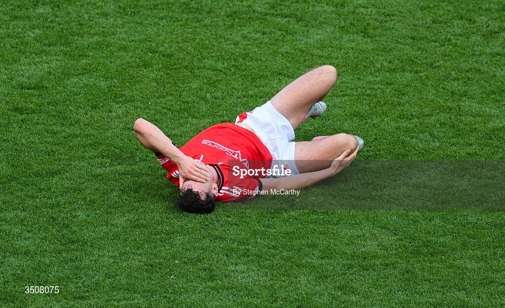 11 July 2026; Craig Lennon of Louth awaits medical attention during the GAA Football All-Ireland Senior Championship semi-final match between Mayo and Louth at Croke Park in Dublin. Photo by Stephen McCarthy/Sportsfile