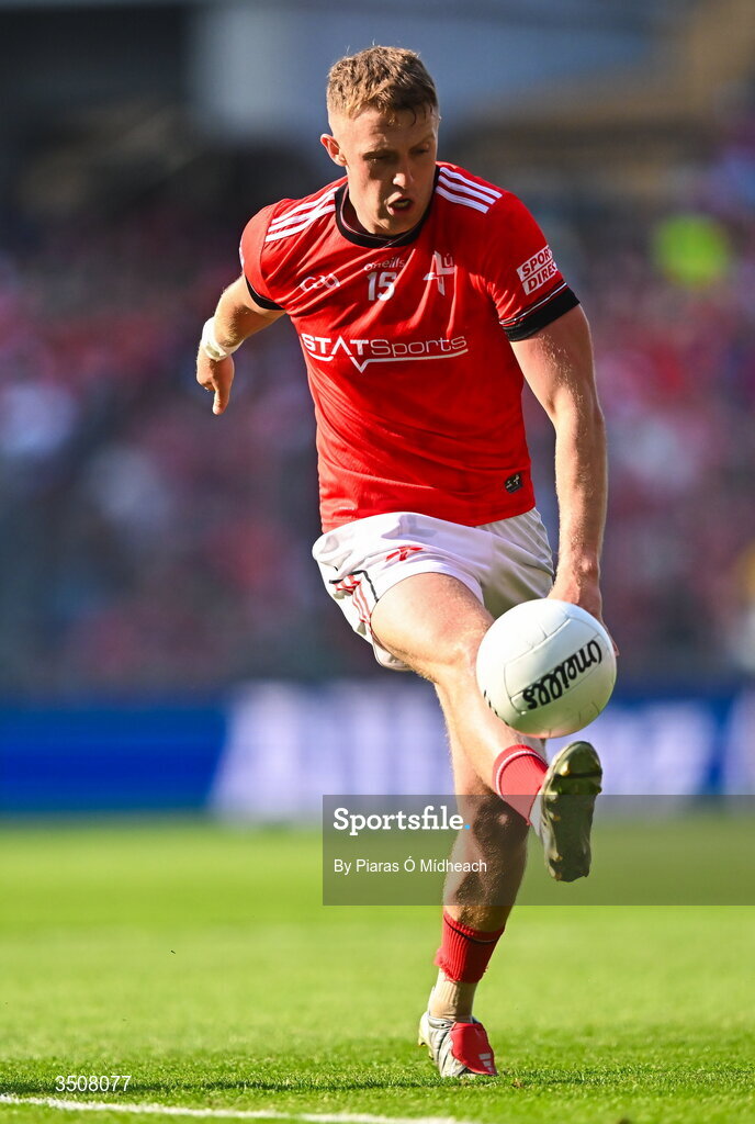 11 July 2026; Ryan Burns of Louth during the GAA Football All-Ireland Senior Championship semi-final match between Mayo and Louth at Croke Park in Dublin. Photo by Piaras Ó Mídheach/Sportsfile