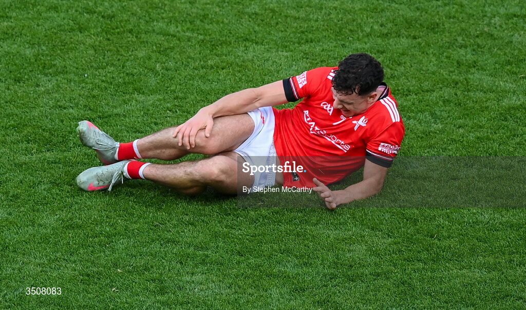 11 July 2026; Craig Lennon of Louth awaits medical attention during the GAA Football All-Ireland Senior Championship semi-final match between Mayo and Louth at Croke Park in Dublin. Photo by Stephen McCarthy/Sportsfile