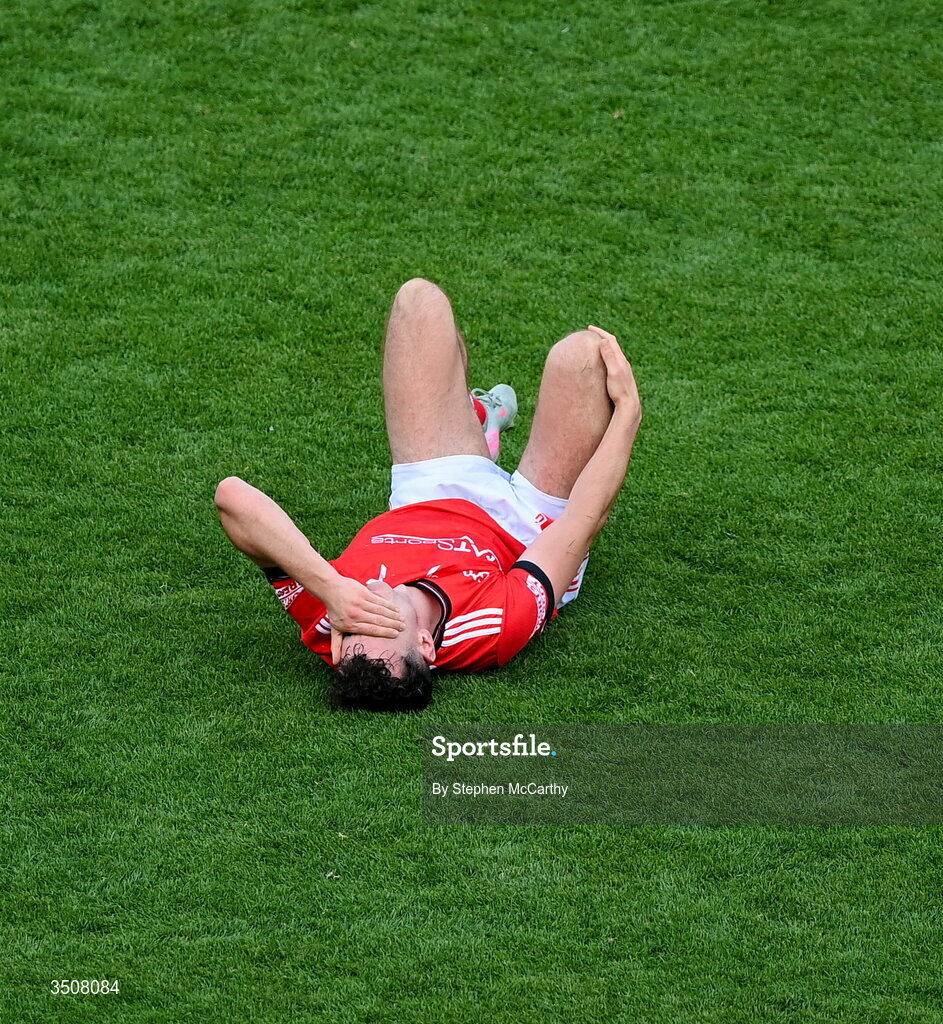 11 July 2026; Craig Lennon of Louth awaits medical attention during the GAA Football All-Ireland Senior Championship semi-final match between Mayo and Louth at Croke Park in Dublin. Photo by Stephen McCarthy/Sportsfile