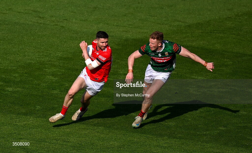 11 July 2026; Ciaran Downey of Louth in action against David McBrien of Mayo during the GAA Football All-Ireland Senior Championship semi-final match between Mayo and Louth at Croke Park in Dublin. Photo by Stephen McCarthy/Sportsfile