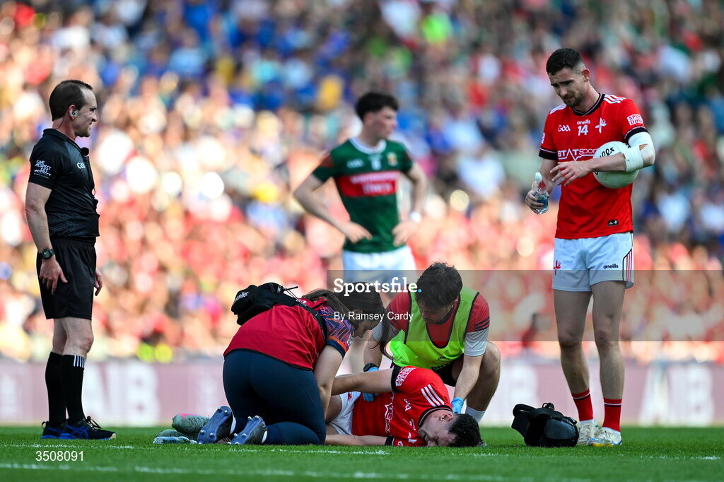 11 July 2026; Craig Lennon of Louth is treated for an injury during the GAA Football All-Ireland Senior Championship semi-final match between Mayo and Louth at Croke Park in Dublin. Photo by Ramsey Cardy/Sportsfile