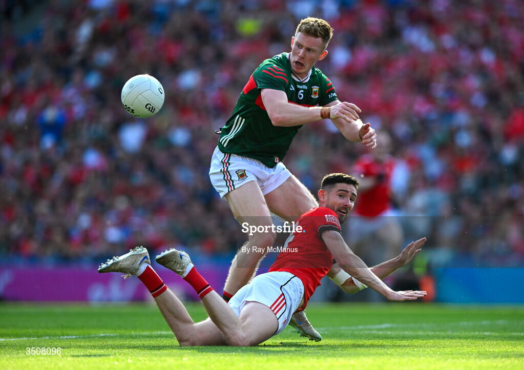 11 July 2026; Ciaran Downey of Louth is tackled by David McBrien of Mayo during the GAA Football All-Ireland Senior Championship semi-final match between Mayo and Louth at Croke Park in Dublin. Photo by Ray McManus/Sportsfile