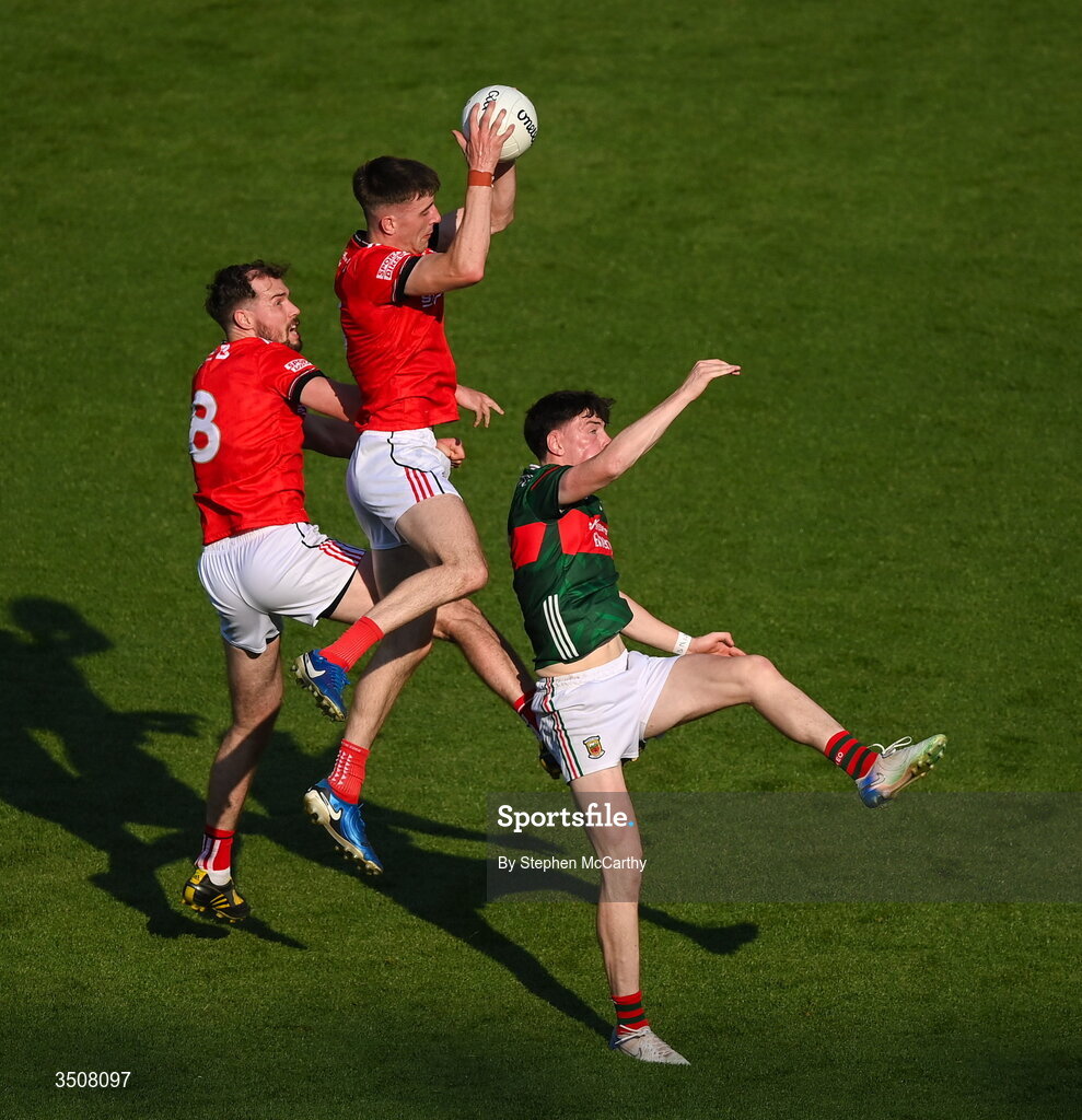11 July 2026; Conor Early, left and Dara McDonnell of Louth in action against Bob Tuohy of Mayo during the GAA Football All-Ireland Senior Championship semi-final match between Mayo and Louth at Croke Park in Dublin. Photo by Stephen McCarthy/Sportsfile