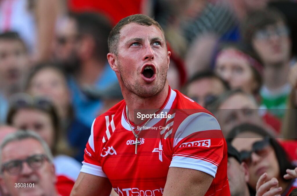 11 July 2026; A Louth supporter celebrates during the GAA Football All-Ireland Senior Championship semi-final match between Mayo and Louth at Croke Park in Dublin. Photo by Ramsey Cardy/Sportsfile