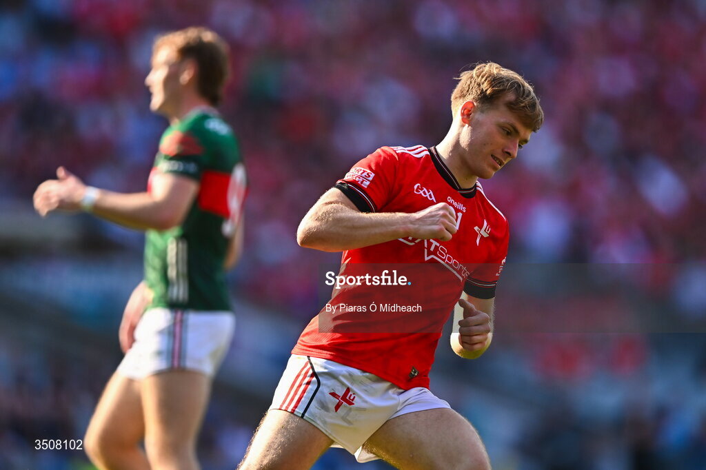 11 July 2026; Ciarán Keenan of Louth celebrates after scoring a point during the GAA Football All-Ireland Senior Championship semi-final match between Mayo and Louth at Croke Park in Dublin. Photo by Piaras Ó Mídheach/Sportsfile