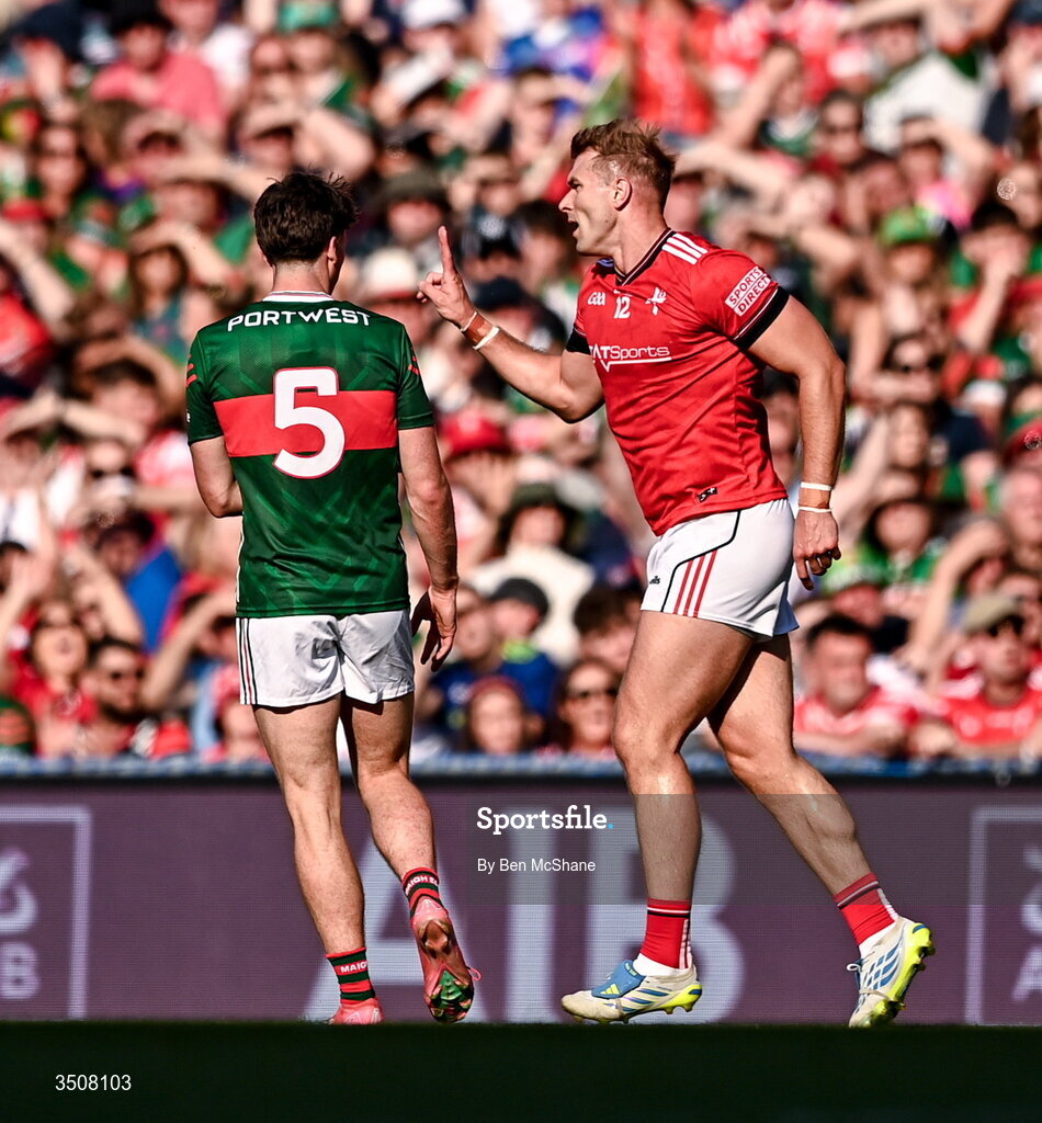 11 July 2026; Conor Grimes of Louth signals a two-point score toward Sam Callinan of Mayo during the GAA Football All-Ireland Senior Championship semi-final match between Mayo and Louth at Croke Park in Dublin. Photo by Ben McShane/Sportsfile