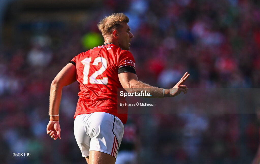 11 July 2026; Conor Grimes of Louth celebrates after kicking a two-pointer during the GAA Football All-Ireland Senior Championship semi-final match between Mayo and Louth at Croke Park in Dublin. Photo by Piaras Ó Mídheach/Sportsfile