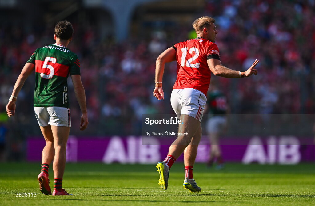 11 July 2026; Conor Grimes of Louth celebrates after kicking a two-pointer during the GAA Football All-Ireland Senior Championship semi-final match between Mayo and Louth at Croke Park in Dublin. Photo by Piaras Ó Mídheach/Sportsfile