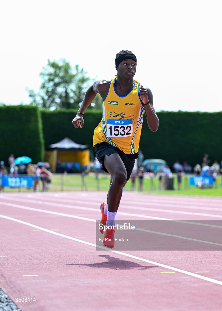 11 July 2026; Casillas Wisdom of Lake District A.C. competes in the U16 boy's 200m during day three of the 123.ie National Championships at Tullamore Harriers Athletics Club in Tullamore, Offaly. Photo by Paul Phelan/Sportsfile