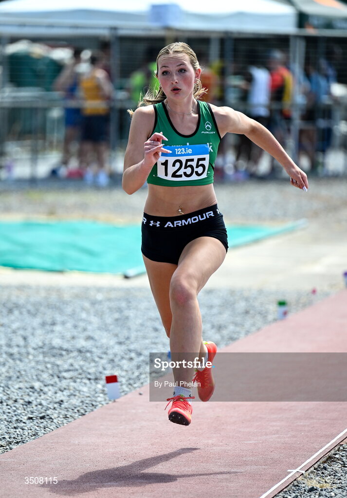 11 July 2026; Ella Feeney of Lake District A.C. competes in the U17 girl's Long Jump during day three of the 123.ie National Championships at Tullamore Harriers Athletics Club in Tullamore, Offaly. Photo by Paul Phelan/Sportsfile