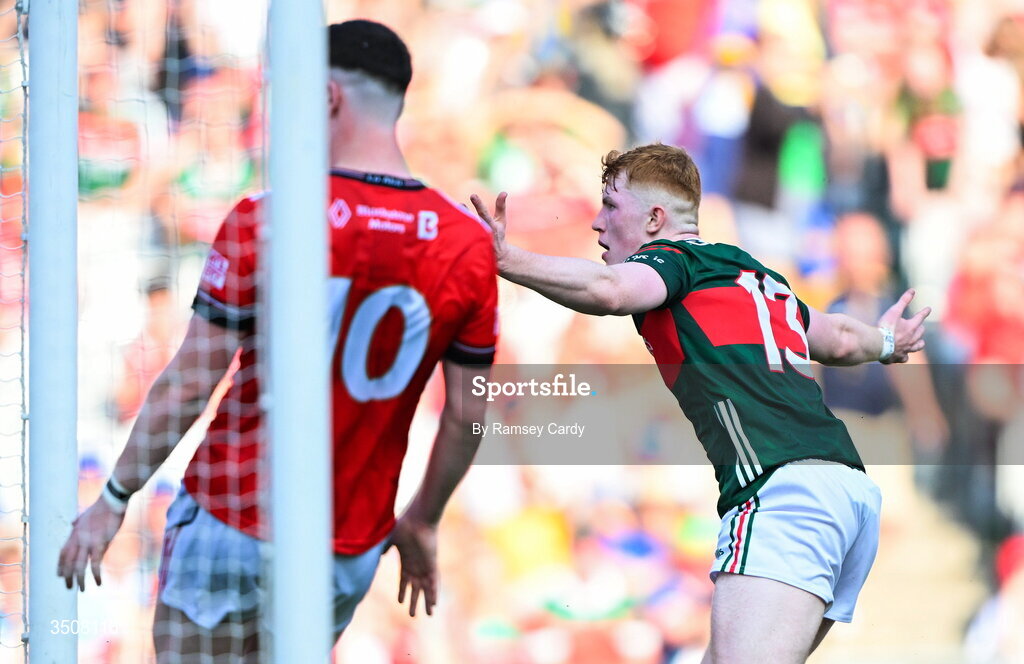 11 July 2026; Darragh Beirne of Mayo celebrates after scoring his side's second goal during the GAA Football All-Ireland Senior Championship semi-final match between Mayo and Louth at Croke Park in Dublin. Photo by Ramsey Cardy/Sportsfile