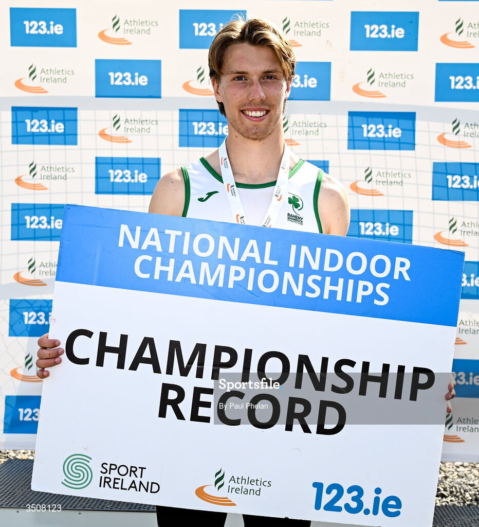 11 July 2026; Conrad Latham of Raheny Shamrock A.C. wins the U19 boy's 1500m with a championship record of time of  3:57.25 during day three of the 123.ie National Championships at Tullamore Harriers Athletics Club in Tullamore, Offaly. Photo by Paul Phelan/Sportsfile