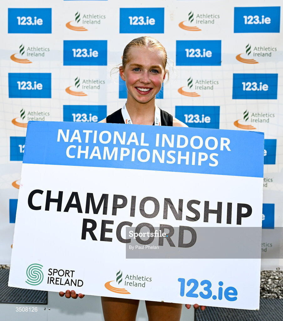 11 July 2026; Emma Stewart of Dromore A.C. wins the U18 girl's 1500m with a championship record time of 4:30.62 during day three of the 123.ie National Championships at Tullamore Harriers Athletics Club in Tullamore, Offaly. Photo by Paul Phelan/Sportsfile