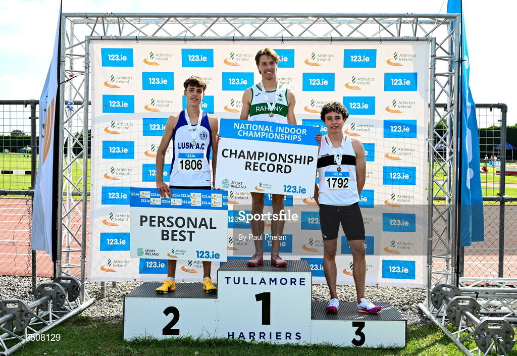 11 July 2026; Conrad Latham of Raheny Shamrock A.C., centre, in first with a championship record of time of  3:57.25, Conor Mcguirk of Lusk A.C., left, in second with a personal best, Harry Moran of Donore Harriers A.C., right, in third,  after the U19 boy's 1500m during day three of the 123.ie National Championships at Tullamore Harriers Athletics Club in Tullamore, Offaly. Photo by Paul Phelan/Sportsfile