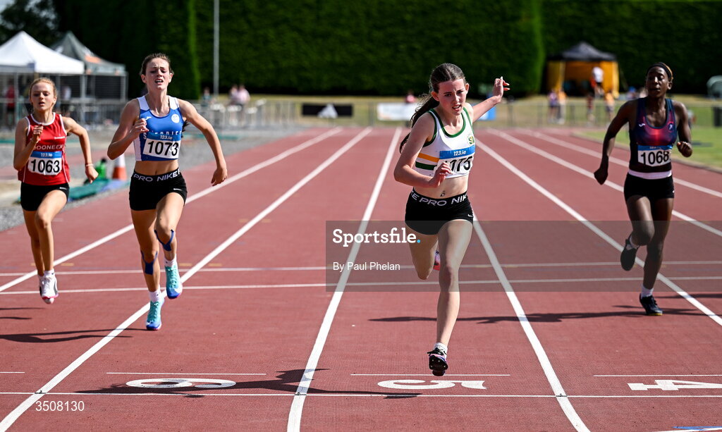 11 July 2026; Faye Brennan of St. Abbans A.C. wins the U15 girl's 200m during day three of the 123.ie National Championships at Tullamore Harriers Athletics Club in Tullamore, Offaly. Photo by Paul Phelan/Sportsfile