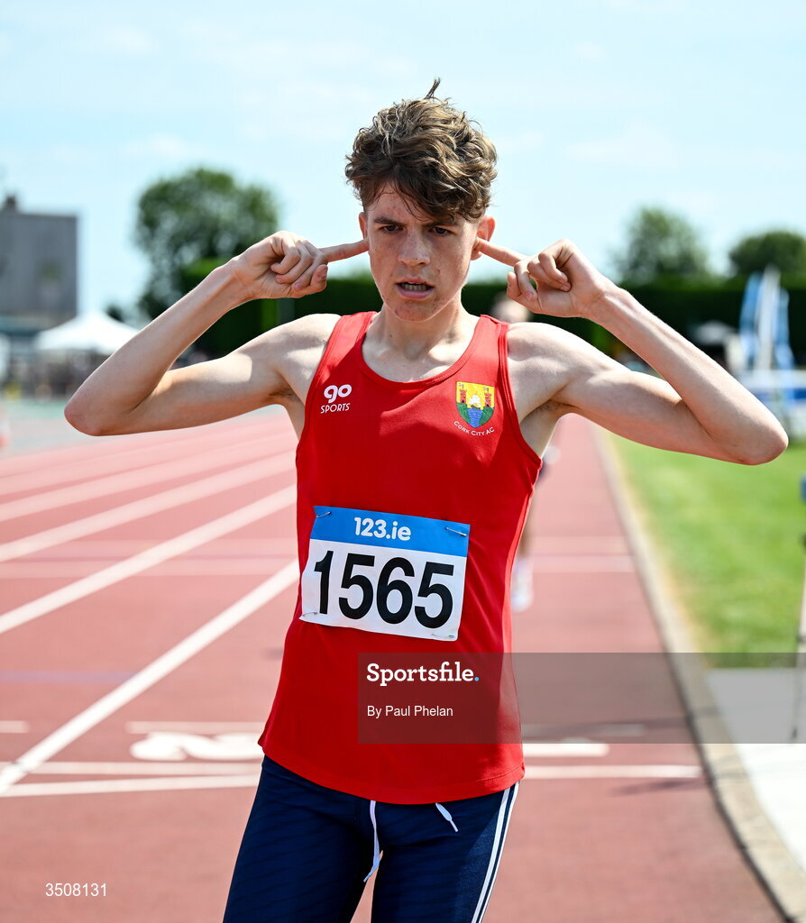 11 July 2026; Ruby Devereaux of Cork City A.C. wins the U17 boy's 1500m during day three of the 123.ie National Championships at Tullamore Harriers Athletics Club in Tullamore, Offaly. Photo by Paul Phelan/Sportsfile