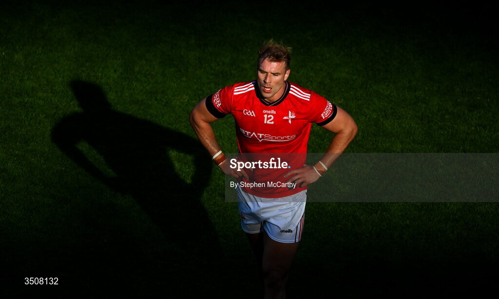 11 July 2026; Conor Grimes of Louth reacts after half-time whistle during the GAA Football All-Ireland Senior Championship semi-final match between Mayo and Louth at Croke Park in Dublin. Photo by Stephen McCarthy/Sportsfile
