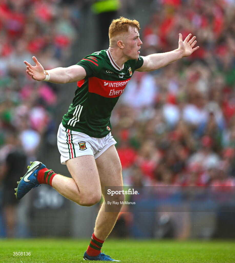 11 July 2026; Darragh Beirne of Mayo celebrates scoring his sides second goal, in the 33rd minute, during the GAA Football All-Ireland Senior Championship semi-final match between Mayo and Louth at Croke Park in Dublin. Photo by Ray McManus/Sportsfile
