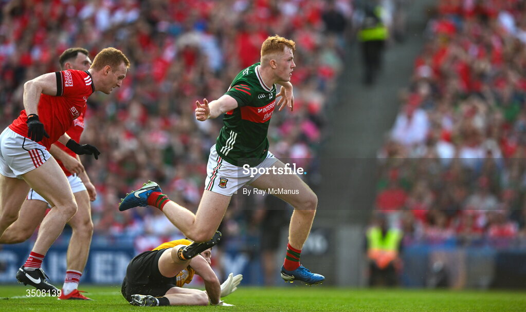11 July 2026; Darragh Beirne of Mayo celebrates scoring his sides second goal, in the 33rd minute, during the GAA Football All-Ireland Senior Championship semi-final match between Mayo and Louth at Croke Park in Dublin. Photo by Ray McManus/Sportsfile
