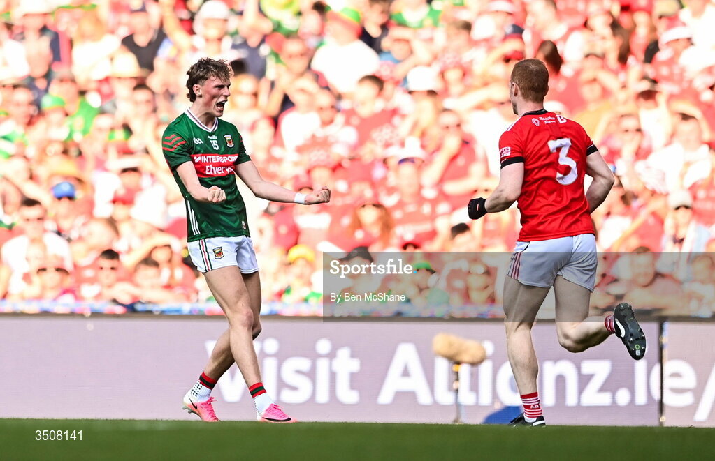 11 July 2026; Kobe McDonald of Mayo celebrates a score toward Donal McKenny of Louth during the GAA Football All-Ireland Senior Championship semi-final match between Mayo and Louth at Croke Park in Dublin. Photo by Ben McShane/Sportsfile