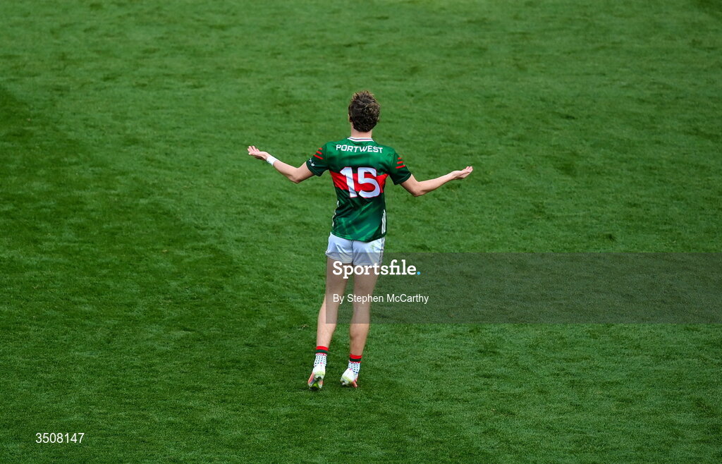 11 July 2026; Kobe McDonald of Mayo celebrates a score during the GAA Football All-Ireland Senior Championship semi-final match between Mayo and Louth at Croke Park in Dublin. Photo by Stephen McCarthy/Sportsfile