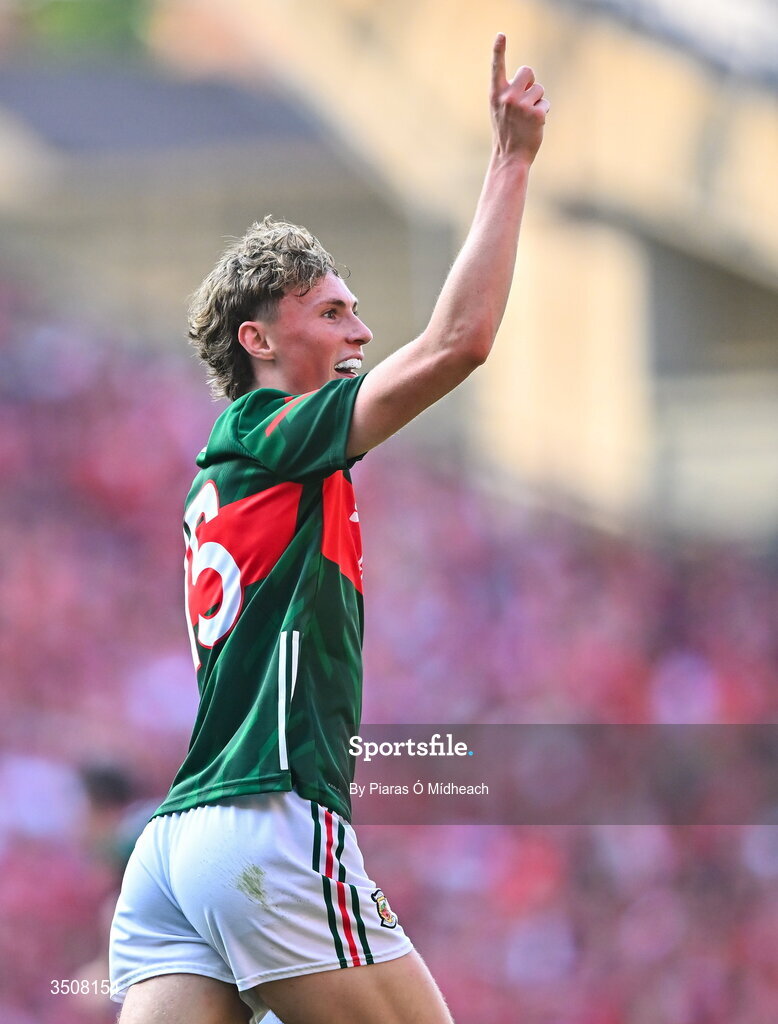 11 July 2026; Kobe McDonald of Mayo celebrates scoring during the GAA Football All-Ireland Senior Championship semi-final match between Mayo and Louth at Croke Park in Dublin. Photo by Piaras Ó Mídheach/Sportsfile