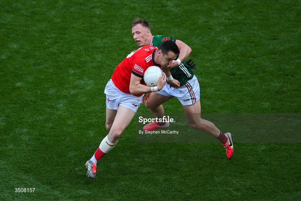 11 July 2026; Tommy Durnin of Louth in action against Ryan O'Donoghue of Mayo during the GAA Football All-Ireland Senior Championship semi-final match between Mayo and Louth at Croke Park in Dublin. Photo by Stephen McCarthy/Sportsfile