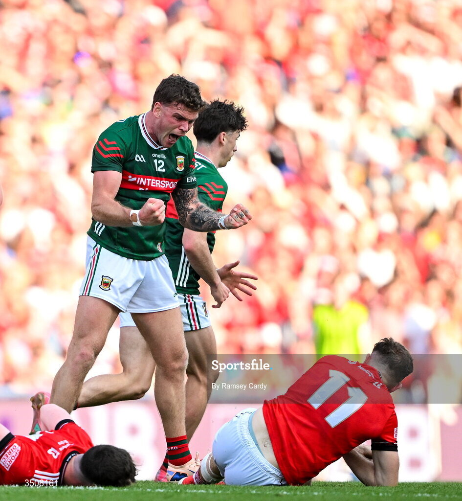 11 July 2026; Jordan Flynn of Mayo reacts towards Sam Mulroy of Louth during the GAA Football All-Ireland Senior Championship semi-final match between Mayo and Louth at Croke Park in Dublin. Photo by Ramsey Cardy/Sportsfile