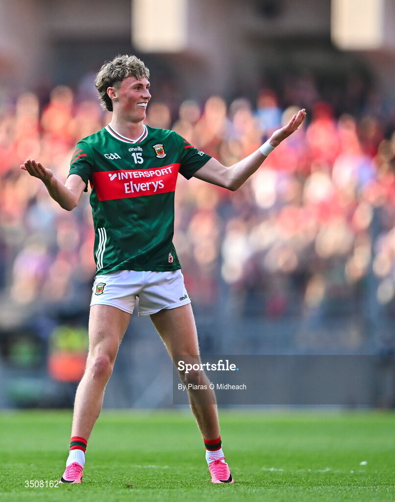11 July 2026; Kobe McDonald of Mayo celebrates scoring during the GAA Football All-Ireland Senior Championship semi-final match between Mayo and Louth at Croke Park in Dublin. Photo by Piaras Ó Mídheach/Sportsfile