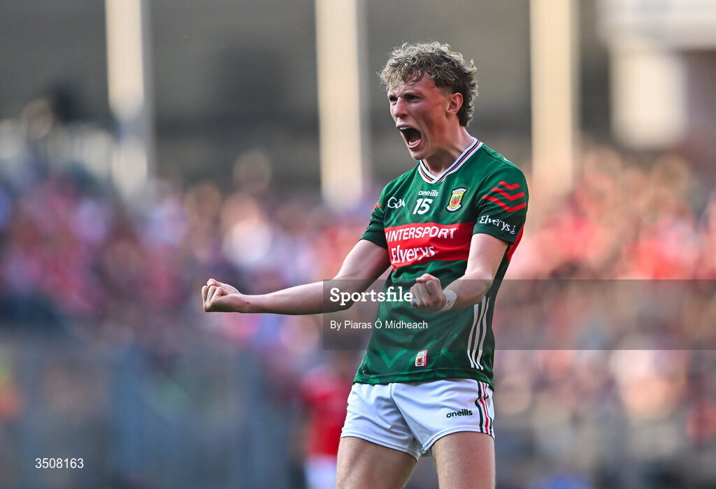 11 July 2026; Kobe McDonald of Mayo celebrates scoring during the GAA Football All-Ireland Senior Championship semi-final match between Mayo and Louth at Croke Park in Dublin. Photo by Piaras Ó Mídheach/Sportsfile