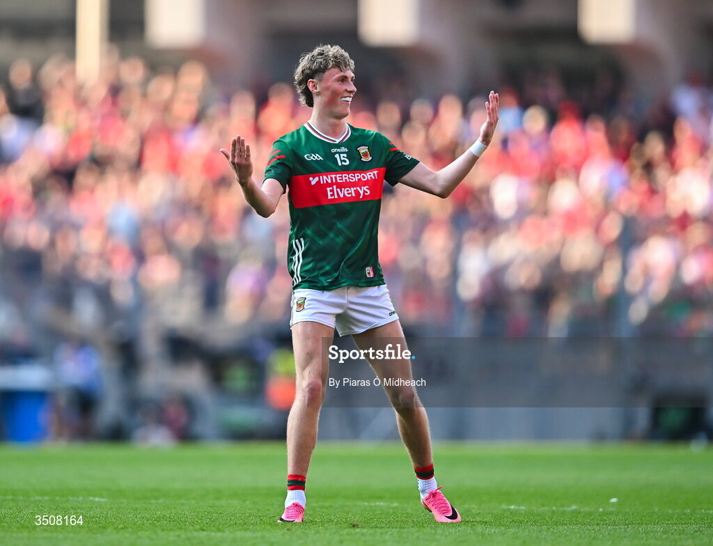 11 July 2026; Kobe McDonald of Mayo celebrates scoring during the GAA Football All-Ireland Senior Championship semi-final match between Mayo and Louth at Croke Park in Dublin. Photo by Piaras Ó Mídheach/Sportsfile
