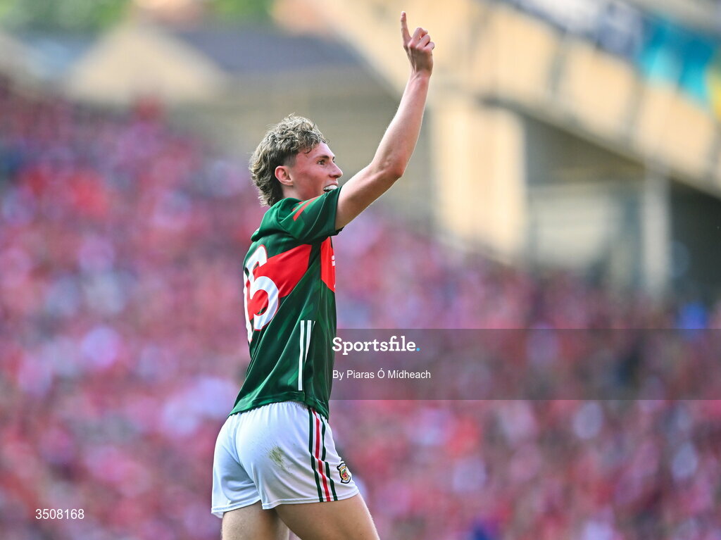 11 July 2026; Kobe McDonald of Mayo celebrates scoring during the GAA Football All-Ireland Senior Championship semi-final match between Mayo and Louth at Croke Park in Dublin. Photo by Piaras Ó Mídheach/Sportsfile