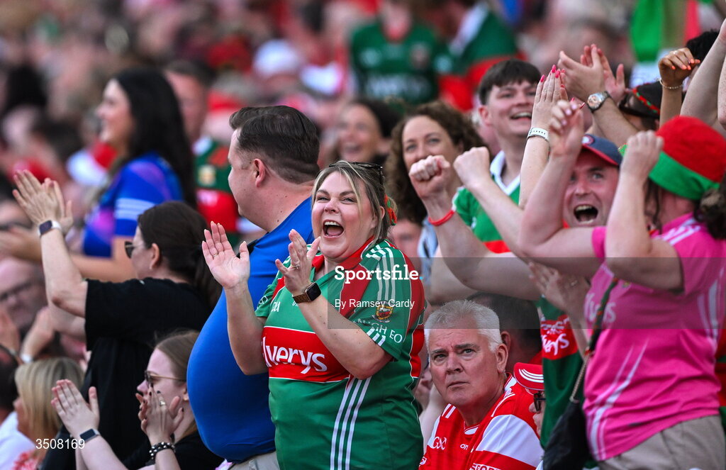 11 July 2026; Mayo supporters celebrate their side's third goal, scored by Conor Loftus, during the GAA Football All-Ireland Senior Championship semi-final match between Mayo and Louth at Croke Park in Dublin. Photo by Ramsey Cardy/Sportsfile