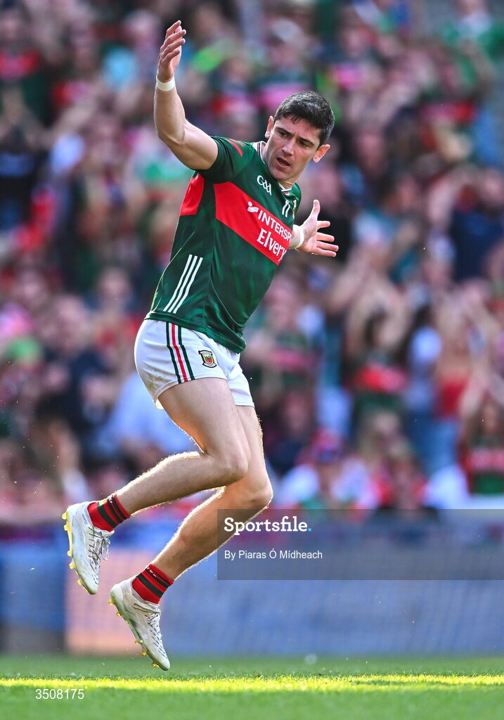 11 July 2026; Conor Loftus of Mayo celebrates scoring his side's third goal during the GAA Football All-Ireland Senior Championship semi-final match between Mayo and Louth at Croke Park in Dublin. Photo by Piaras Ó Mídheach/Sportsfile