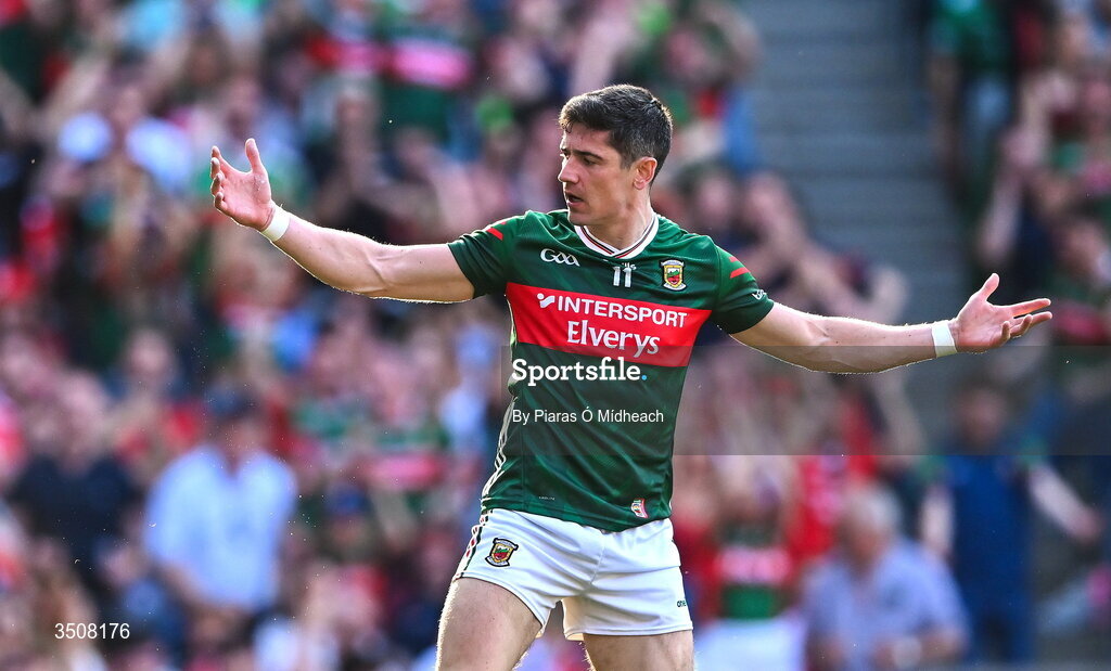 11 July 2026; Conor Loftus of Mayo celebrates scoring his side's third goal during the GAA Football All-Ireland Senior Championship semi-final match between Mayo and Louth at Croke Park in Dublin. Photo by Piaras Ó Mídheach/Sportsfile