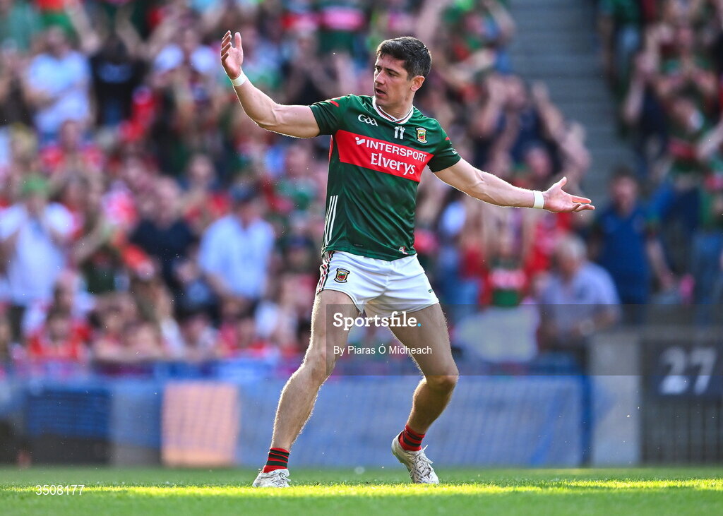 11 July 2026; Conor Loftus of Mayo celebrates scoring his side's third goal during the GAA Football All-Ireland Senior Championship semi-final match between Mayo and Louth at Croke Park in Dublin. Photo by Piaras Ó Mídheach/Sportsfile