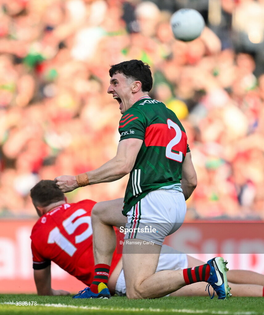 11 July 2026; Jack Coyne of Mayo reacts during the GAA Football All-Ireland Senior Championship semi-final match between Mayo and Louth at Croke Park in Dublin. Photo by Ramsey Cardy/Sportsfile