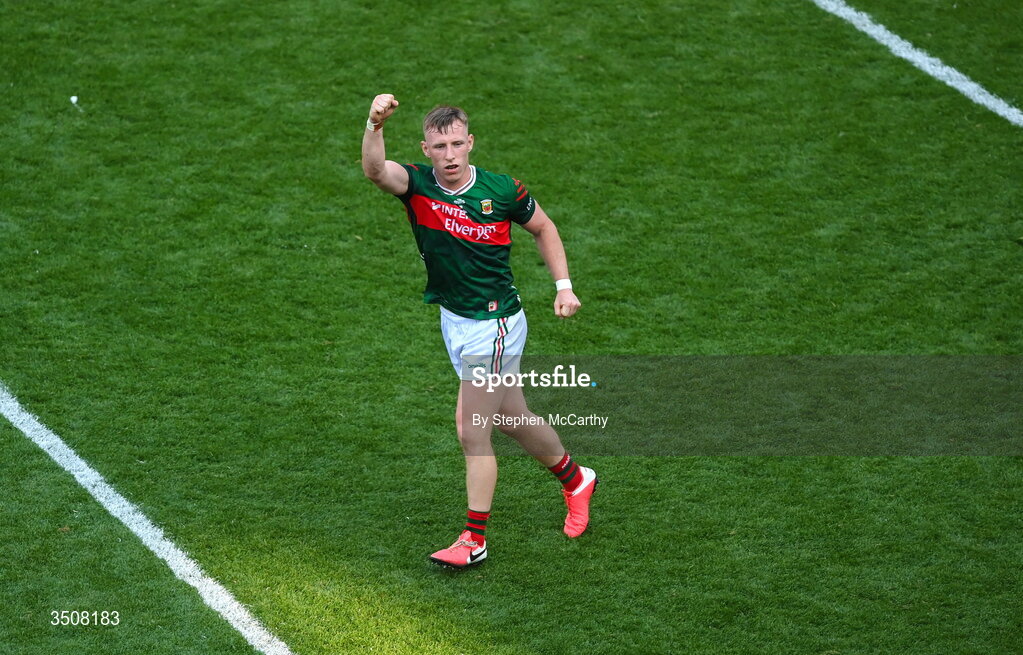 11 July 2026; Ryan O'Donoghue of Mayo celebrates kicking a score during the GAA Football All-Ireland Senior Championship semi-final match between Mayo and Louth at Croke Park in Dublin. Photo by Stephen McCarthy/Sportsfile