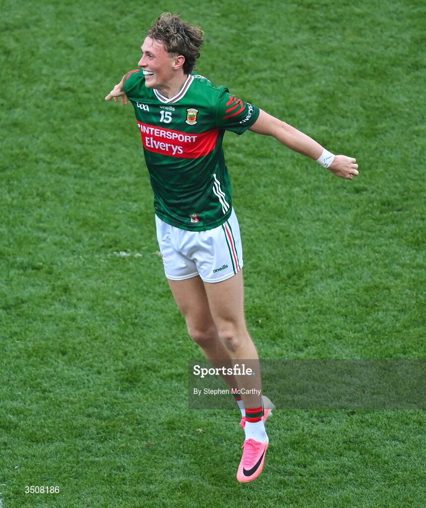 11 July 2026; Kobe McDonald of Mayo celebrates after the GAA Football All-Ireland Senior Championship semi-final match between Mayo and Louth at Croke Park in Dublin. Photo by Stephen McCarthy/Sportsfile