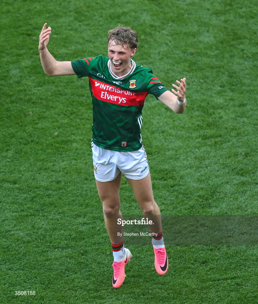 11 July 2026; Kobe McDonald of Mayo celebrates after the GAA Football All-Ireland Senior Championship semi-final match between Mayo and Louth at Croke Park in Dublin. Photo by Stephen McCarthy/Sportsfile